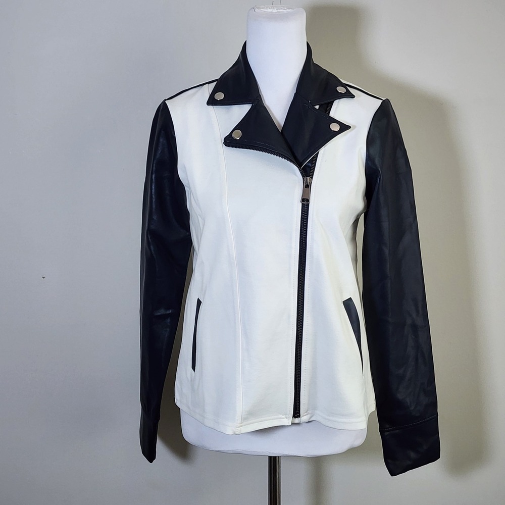Isaac Mizrahi Moto Jacket Womens XS White Navy Faux Leather Sleeves Biker Chic‎